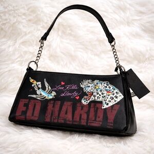 Ed Hardy Black Shoulder Bag with Graphic Design
